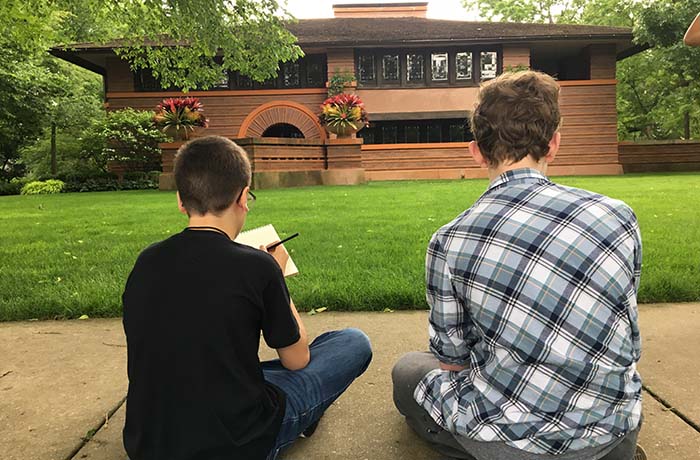 campers sketch the Wright-designed Arthur B. Heurtley House