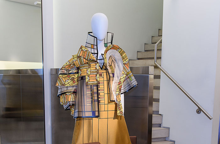 Jacket dress inspired by windows at the Robie House and designed by Xinyi Lin